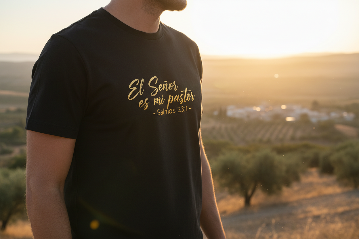 Lifestyle - Camiseta negra con versículo dorado